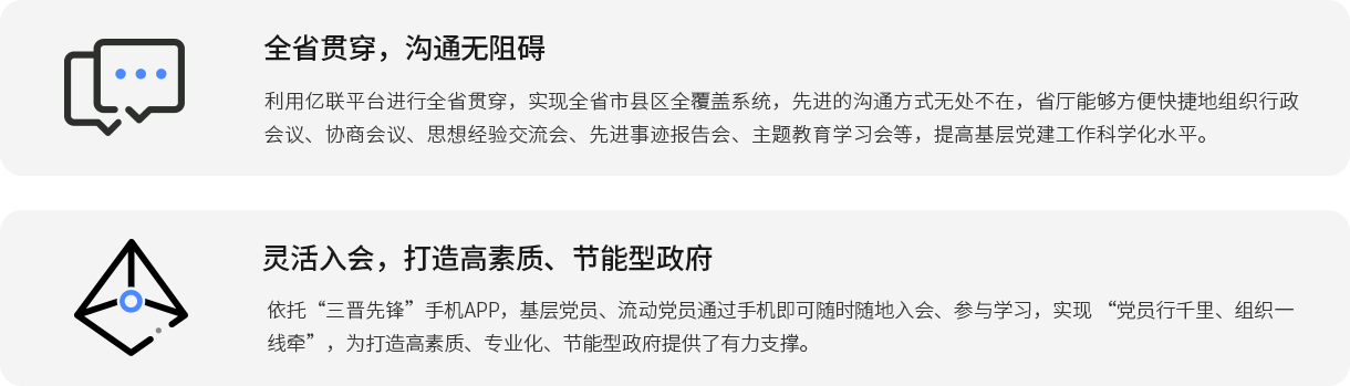 全省貫穿，溝通無阻礙 利用億聯平臺進行全省貫穿，實現全省市縣區(qū)全覆蓋系統(tǒng)，先進的溝通方式無處不在，省廳能夠方便快捷地組織行政會議、協商會議、思想經驗交流會、先進事跡報告會、主題教育學習會等，提高基層黨建工作科學化水平。 靈活入會，打造高素質、節(jié)能型政府 依托“三晉先鋒”手機APP，基層黨員、流動黨員通過手機即可隨時隨地入會、參與學習，實現 “黨員行千里、組織一線牽”，為打造高素質、專業(yè)化、節(jié)能型政府提供了有力支撐。