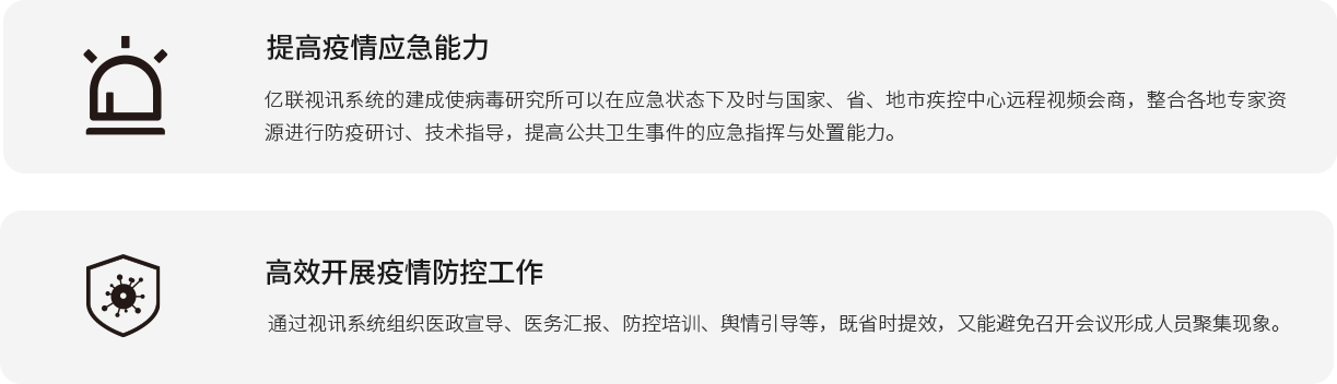 提高疫情應(yīng)急能力 億聯(lián)視訊系統(tǒng)的建成使病毒研究所可以在應(yīng)急狀態(tài)下及時(shí)與國家、省、地市疾控中心遠(yuǎn)程視頻會(huì)商，整合各地專家資源進(jìn)行防疫研討、技術(shù)指導(dǎo)，提高公共衛(wèi)生事件的應(yīng)急指揮與處置能力。 高效開展疫情防控工作 通過視訊系統(tǒng)組織醫(yī)政宣導(dǎo)、醫(yī)務(wù)匯報(bào)、防控培訓(xùn)、輿情引導(dǎo)等，既省時(shí)提效，又能避免召開會(huì)議形成人員聚集現(xiàn)象。