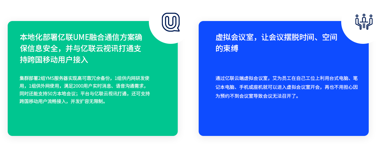 本地化部署億聯(lián)UME融合通信方案確保信息安全，并與億聯(lián)云視訊打通支持跨國移動用戶接入 集群部署2組YMS服務(wù)器實現(xiàn)高可靠冗余備份，1組供內(nèi)網(wǎng)研發(fā)使用，1組供外網(wǎng)使用，滿足2000用戶實時消息、語音溝通需求，同時還能支持50方本地會議；平臺與億聯(lián)云視訊打通，還可支持跨國移動用戶流暢接入，并發(fā)擴容無限制。 虛擬會議室，讓會議擺脫時間、空間的束縛 通過億聯(lián)云端虛擬會議室，艾為員工在自己工位上利用臺式電腦、筆記本電腦、手機或座機就可以進入虛擬會議室開會，再也不用擔心因為預(yù)約不到會議室導(dǎo)致會議無法召開了。